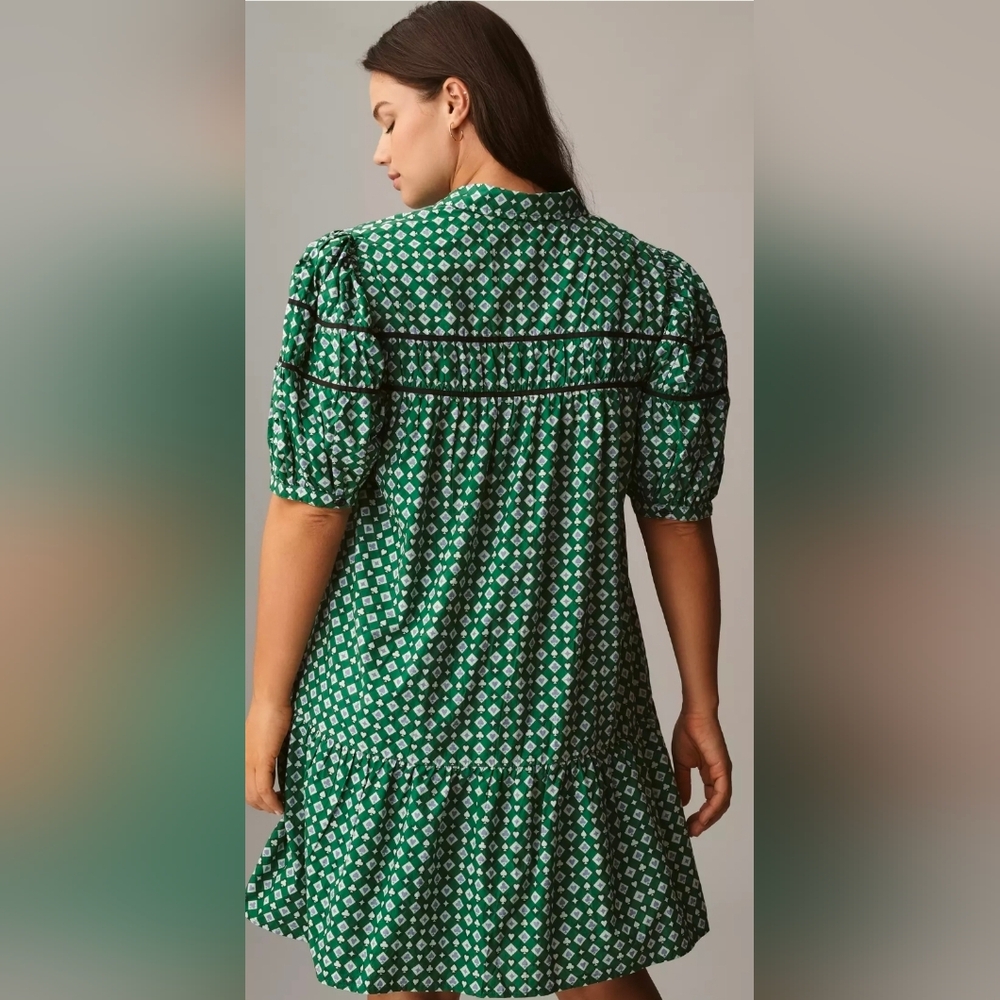 Anthropologie Maeve Leandra Shirred Yoke Mini Dress Green Clubs Spades Motif - Picture 7 of 8
